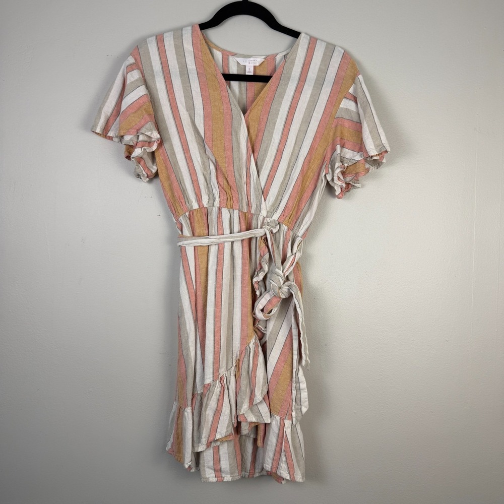 LC Lauren Conrad Ruffle Wrap Dress Womens Small Peach Coral Striped‎ Linen-Blend
